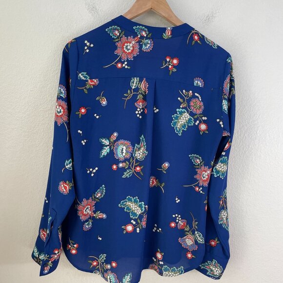 Express Womens Small Blue Floral Long Sleeve Blouse Zip Front V Neck Shirt Top - Picture 6 of 6
